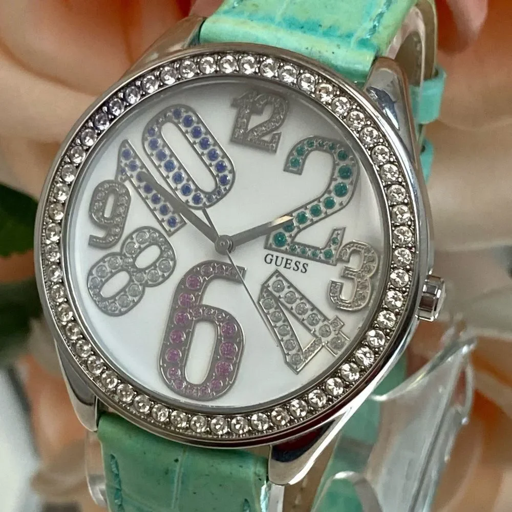 Guess Crystal Accented Bezel and Dial Large Face Watch with Leather Strap